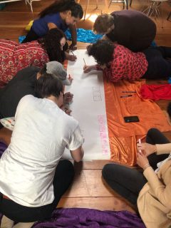 A team gathered around a a long banner of paper, on hands and knees, drawing on the floor.