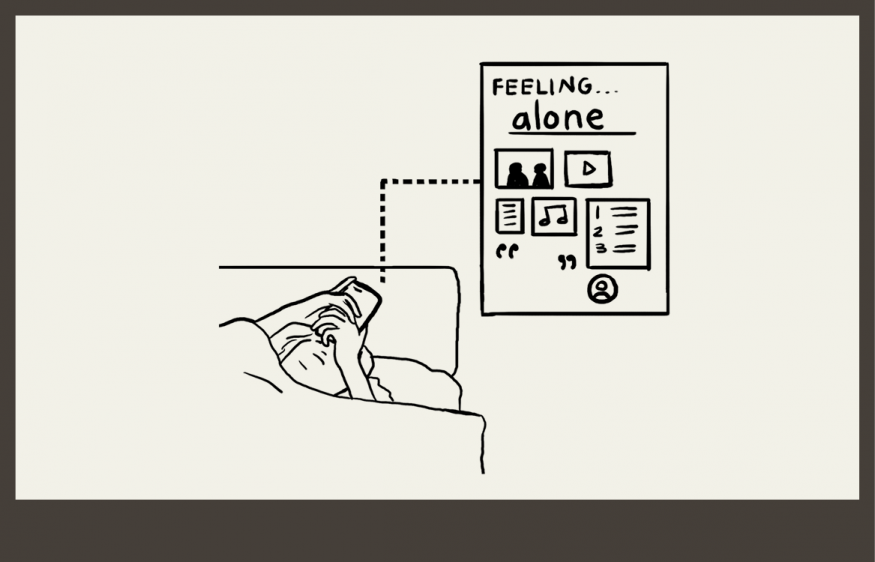 Person browsing the emotions library while lying in bed. Digital Interface title feeling alone