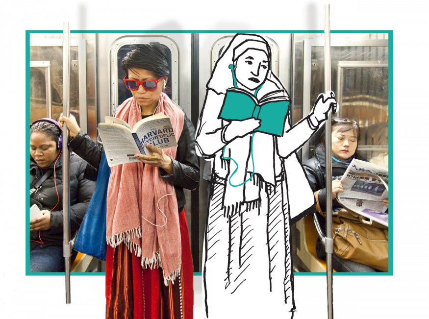Scene on the subway, Two women are featured forwards. One woman wearing a headscarf is an illustration, She is reading a book and listening to content suggested by the emotions library
