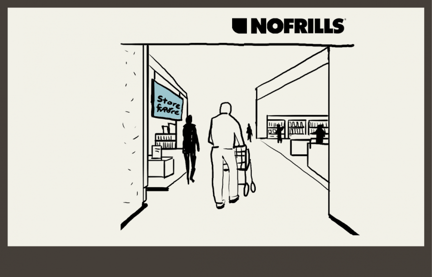 Man walking into nofrills supermarket, to his left is the Store for more - store in store.