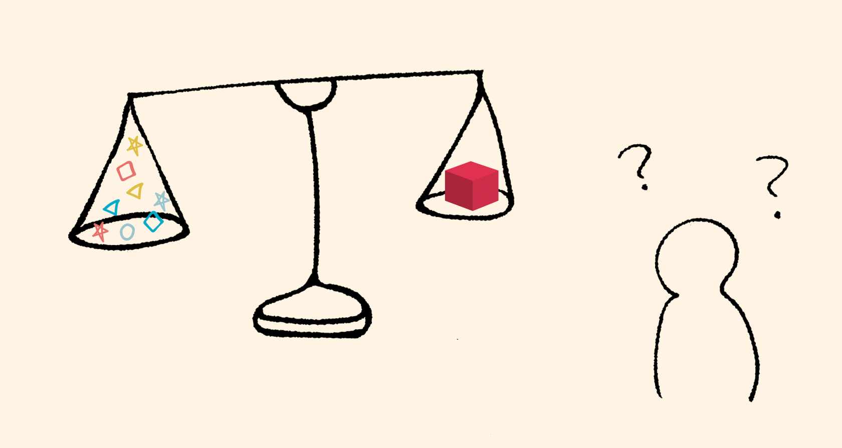 A balence scale with a clean red cube on one side and a swarm of IWF coloured shapes on the other side