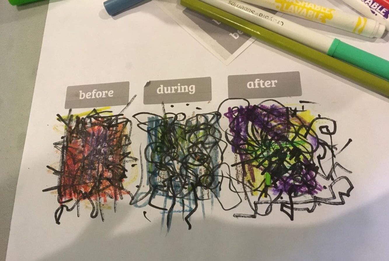 Rose's drawing of life before, during, and after hospitalization is made up of a tangle of black squiggles against deep red, blue, and purple backgrounds