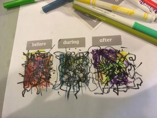 Rose's drawing of life before, during, and after hospitalization is made up of a tangle of black squiggles against deep red, blue, and purple backgrounds