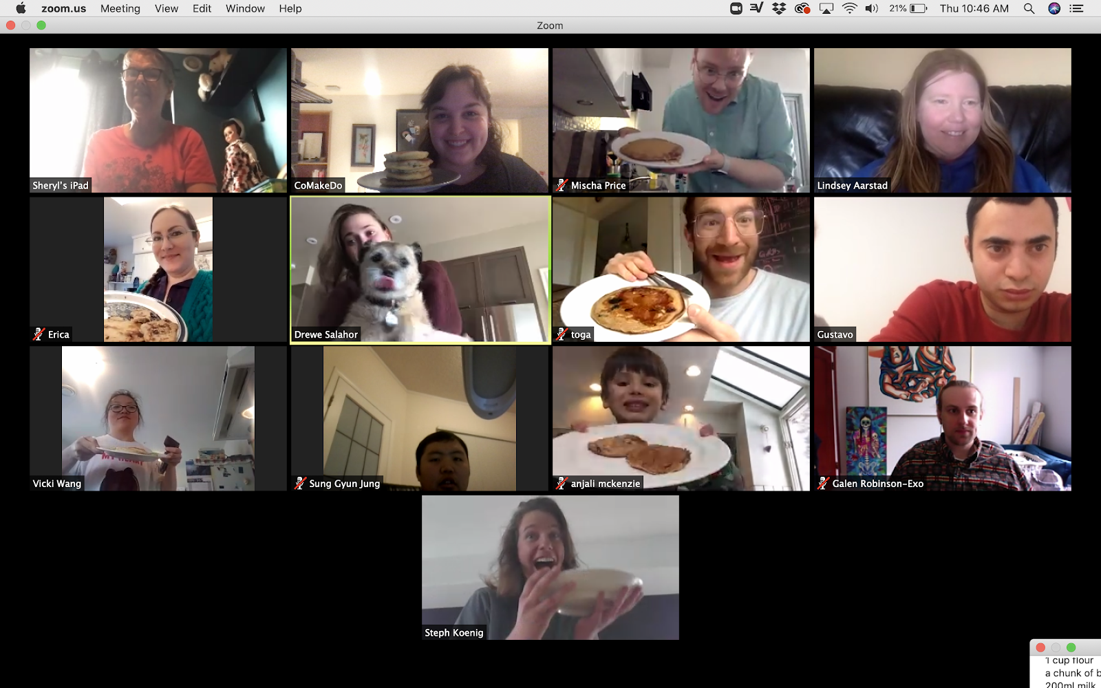 zoom video call participants are all holding pancakes
