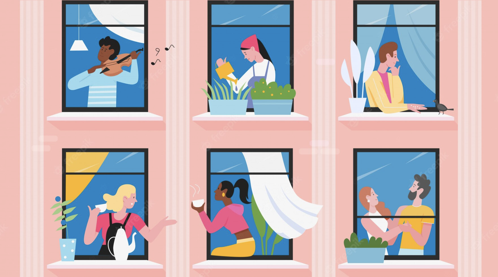 Pink house with six windows. each window has a person playing an instrument, cooking or reading.